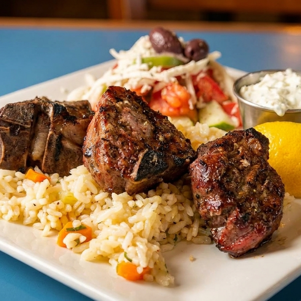 Grilled meat skewers served with seasoned rice, Greek salad, creamy dip, and lemon on a white plate.