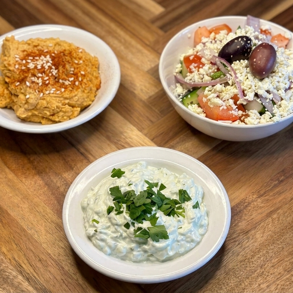 Three bowls of Mediterranean dips and salad on a wooden table, including hummus, feta-topped Greek salad, and creamy tzatziki.