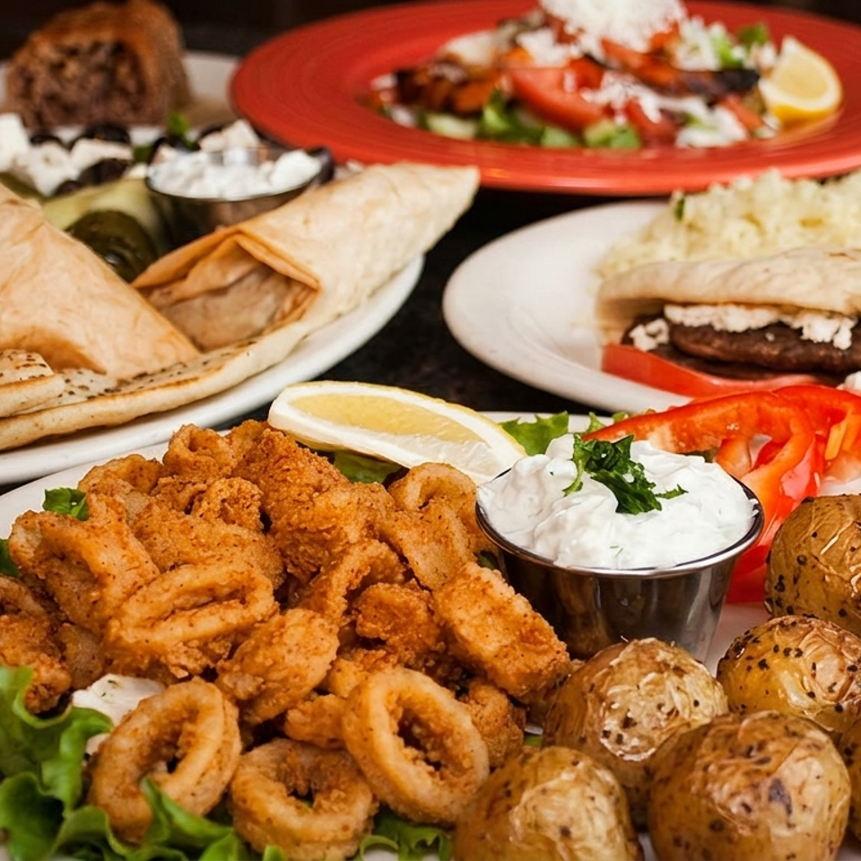 Mediterranean restaurant spread featuring fried calamari, roasted potatoes, pita, stuffed pastries, salad, and a grilled sandwich.