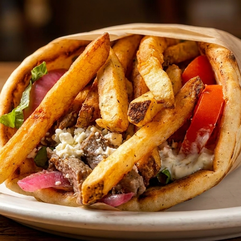 Greek-style pita wrap filled with grilled meat, fries, feta, vegetables, pickled onions, and creamy sauce on a white plate.