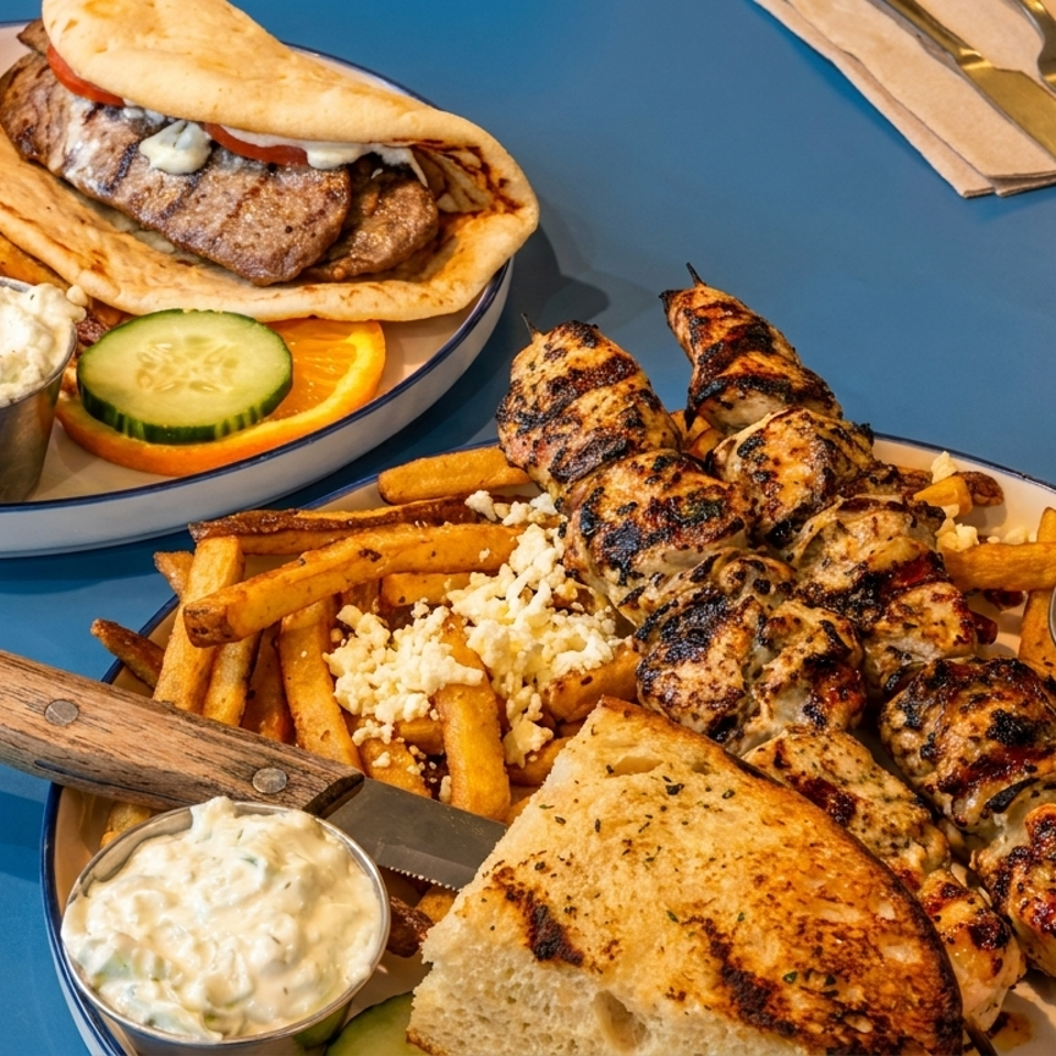 Greek meal featuring grilled chicken skewers, gyro pita, feta-topped fries, toasted bread, dipping sauces, and lemon on a blue table.