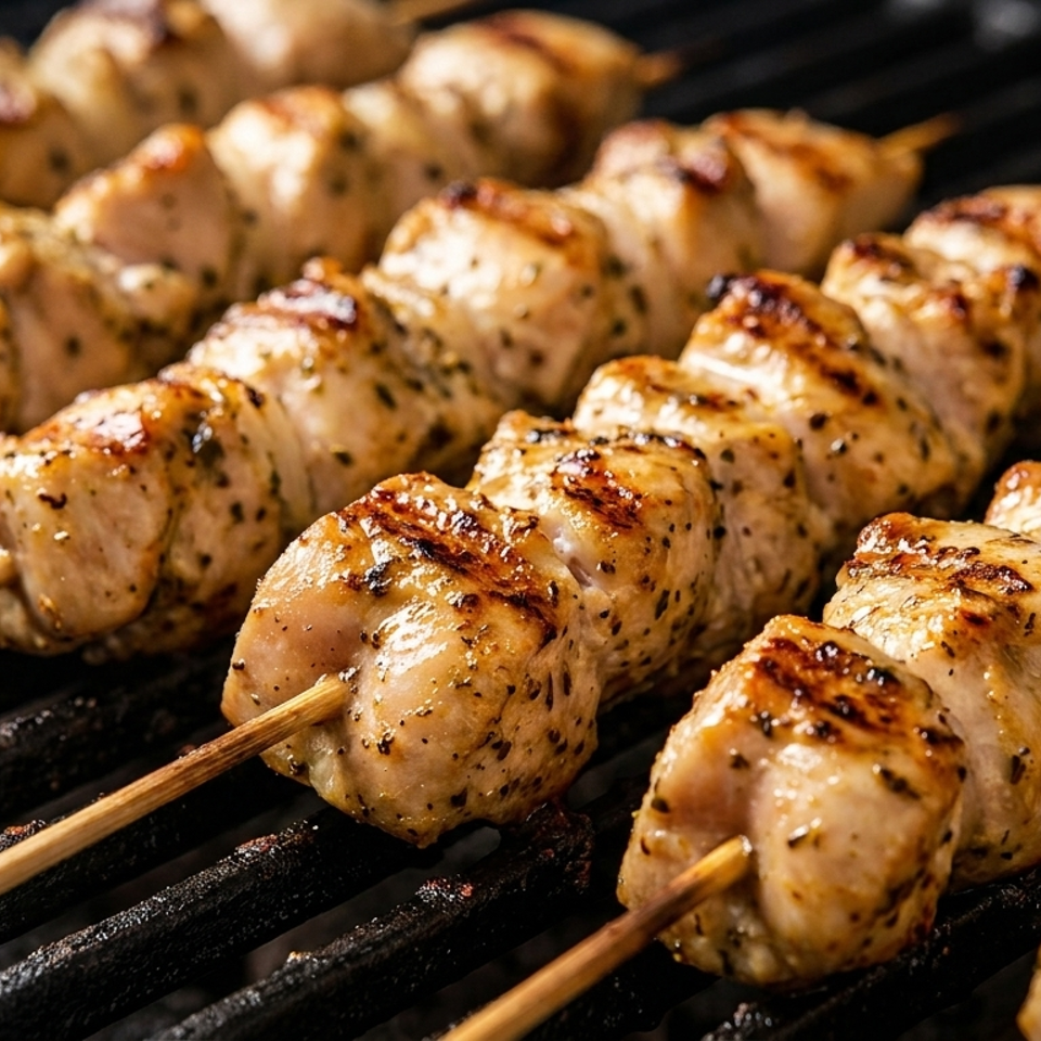 Rows of seasoned chicken skewers grill over dark grates, showing golden-brown seared edges and visible wooden sticks.