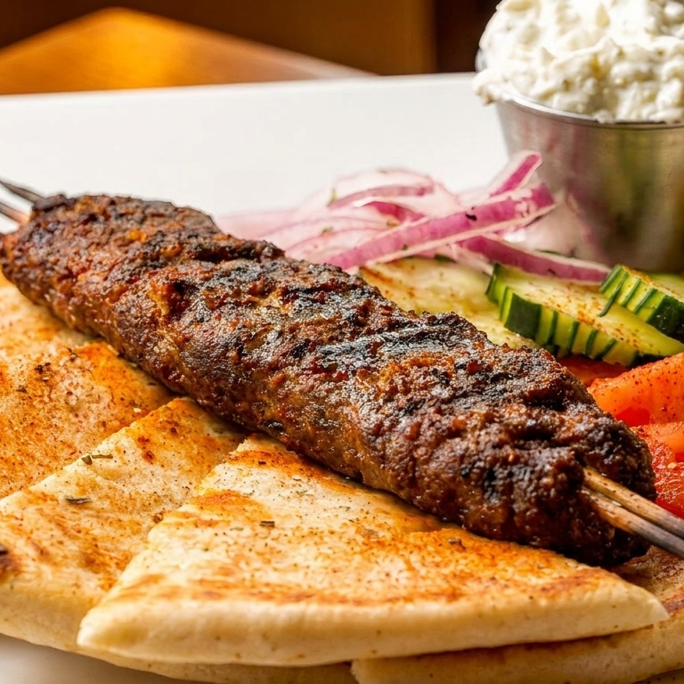 Grilled kofta skewers served over toasted flatbread with cucumber, tomato, onion, lemon, and creamy salad.